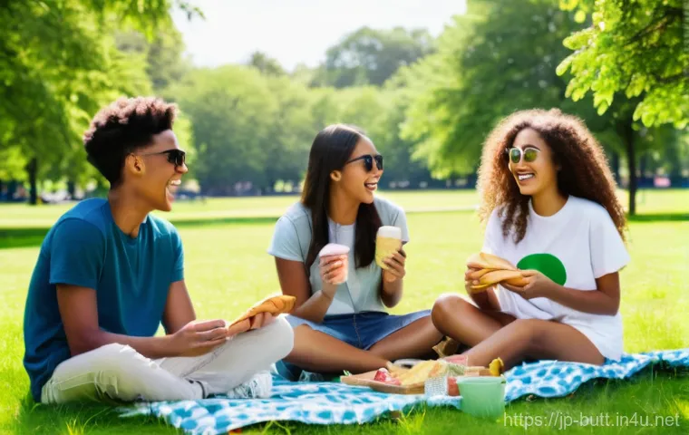 엉덩이탐정 트렌드 분석 - A vibrant, cheerful scene of a diverse group of teenagers (around 15-17 years old) enjoying a summer...