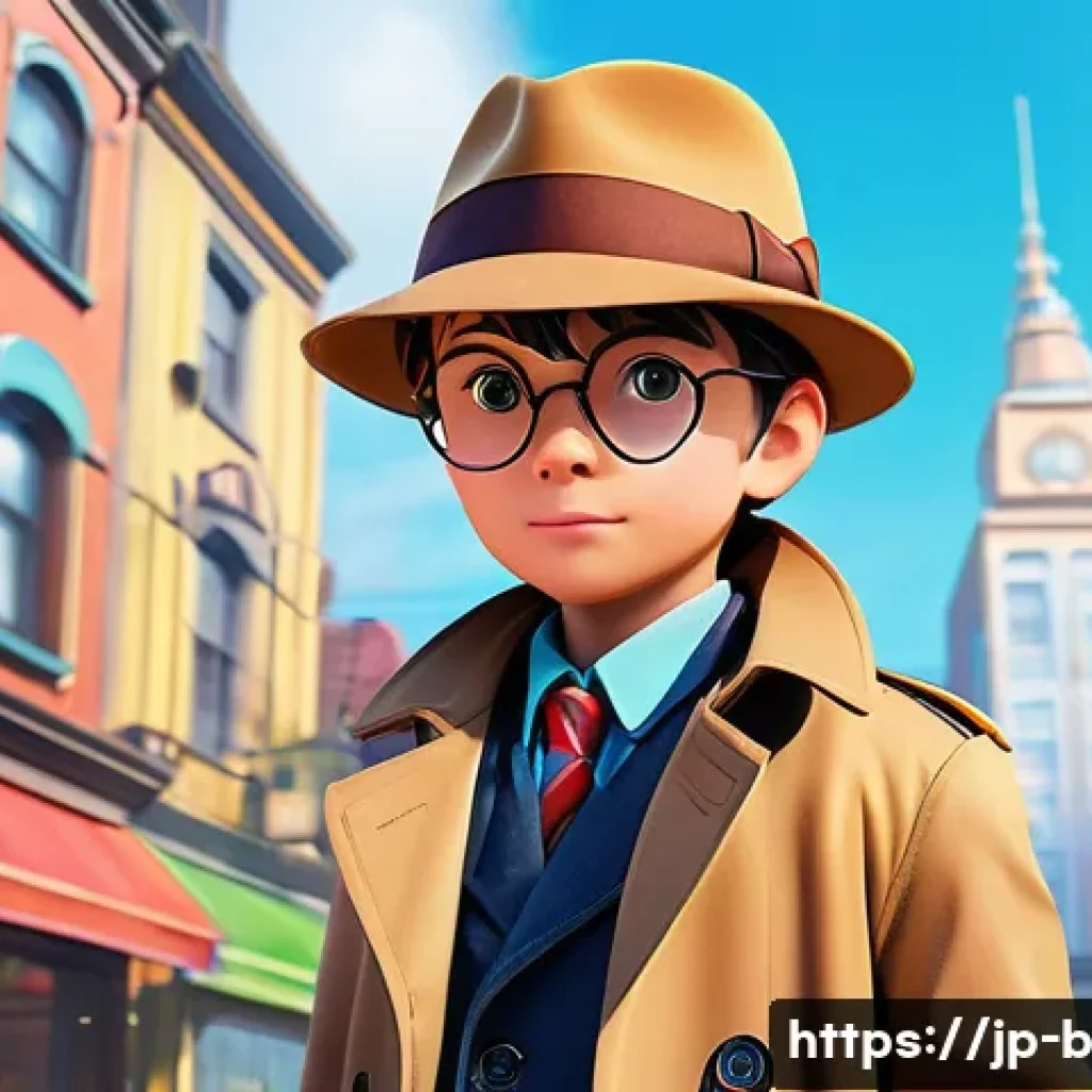 엉덩이탐정 독자 후기 - A charming detective character with a butt-shaped face, wearing a colorful detective outfit includin...