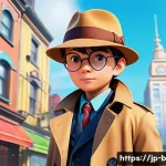 엉덩이탐정 독자 후기 - A charming detective character with a butt-shaped face, wearing a colorful detective outfit includin...