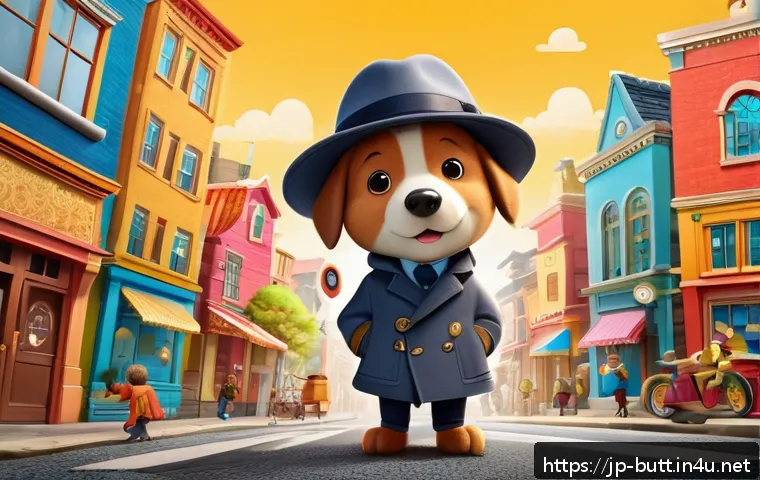 엉덩이탐정 에피소드 목록 - A cheerful cartoon detective character with a face shaped like a rounded buttocks, wearing a stylish...